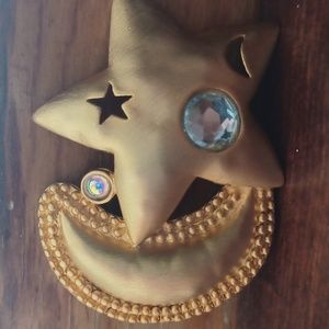 Vintage Matte Gold Moon and Star AB Rhinestone Designer JJ Brooch